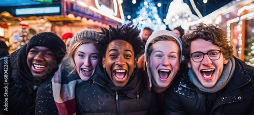 group of men and women travel together attend winter festival at night time, fun and happy time with bokeh light, divers people friendship, Generative Ai