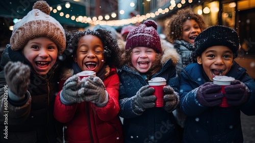 kids laughing together at winter festival, drinking hot beverage together, Generative Ai photo