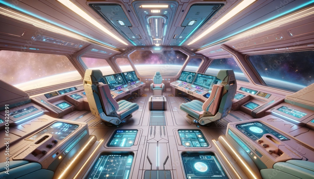 Spacious command center of a futuristic spaceship with high-tech control panels and cosmic views Spacious command center of a futuristic spaceship with high-tech control panels and cosmic views