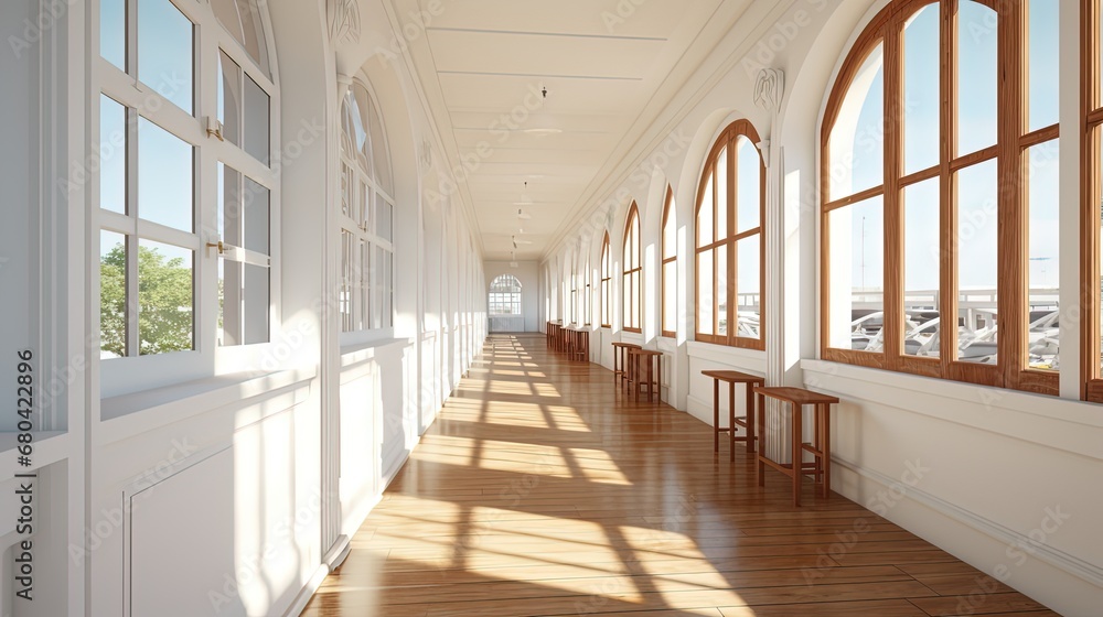 long corridor way with sunlight shine through windows, Generative Ai long corridor way with sunlight shine through windows, Generative Ai