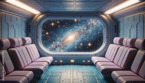 Modern spaceship cabin interior design with panoramic windows showing a distant galaxy view