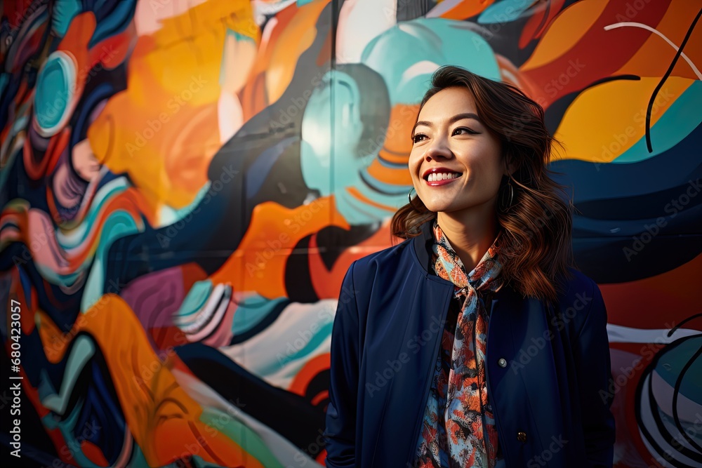 Obraz premium Asian woman fashion portrait with bright colorful painted wall, Generative Ai