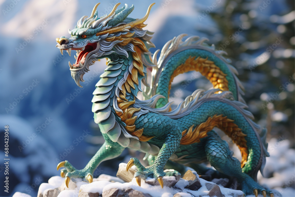 chinese mythical dragon standing in the snow on winter background with snowy scenery, 2024 New Year dragon symbol Chinese New Year