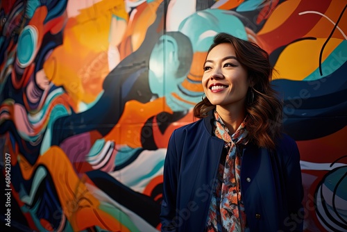 Asian woman fashion portrait with bright colorful painted wall, Generative Ai