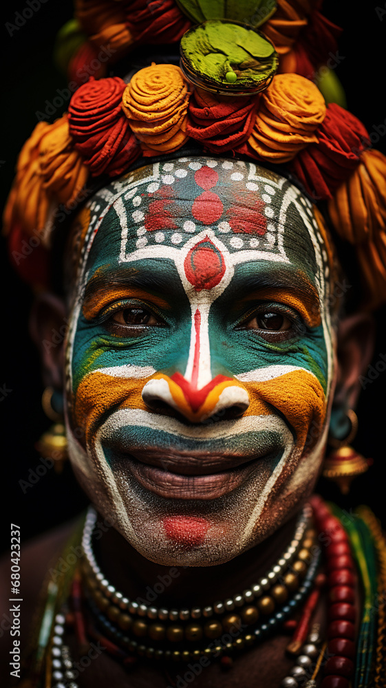 A Huli Wigman in ceremonial costume and make-up. Dancer from india has beautiful and vibrant colors makeup with expressive eyes, close-up portrait of a man.