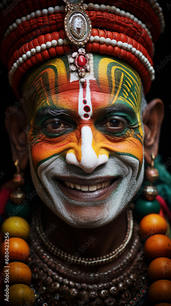 A Huli Wigman in ceremonial costume and make-up. Dancer from india has beautiful and vibrant colors makeup with expressive eyes, close-up portrait of a man. A Huli Wigman in ceremonial costume and make-up. Dancer from india has beautiful and vibrant colors makeup with expressive eyes, close-up portrait of a man.