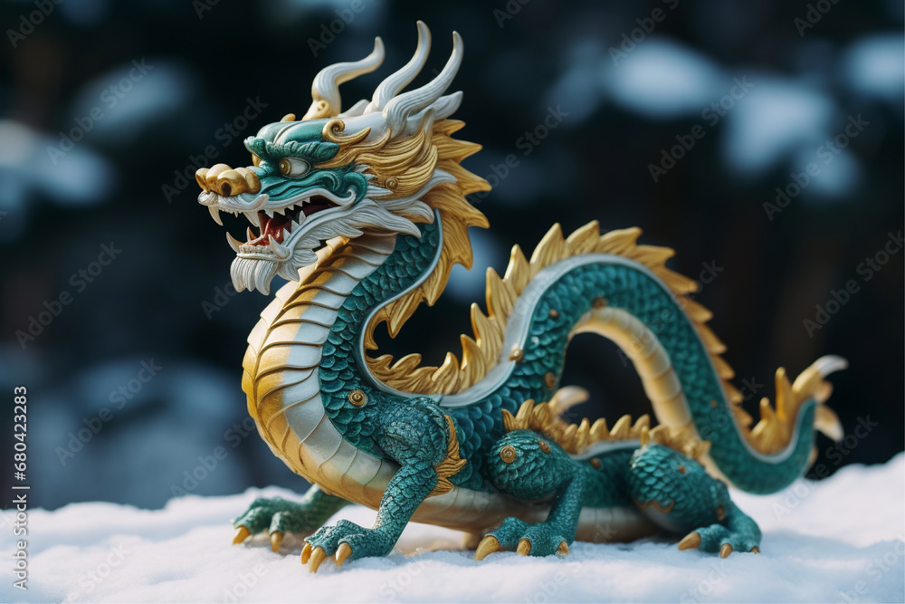 a green and gold dragon figurine sits on snow decoration,  2024 New Year dragon symbol Chinese New Year