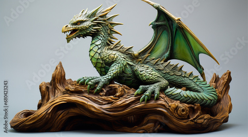 a green figurine of a dragon sitting on log, 2024 New Year dragon symbol Chinese New Year