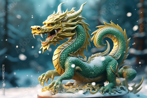 a green and gold dragon figurine sits on snow decoration,  2024 New Year dragon symbol Chinese New Year © Sabina Gahramanova