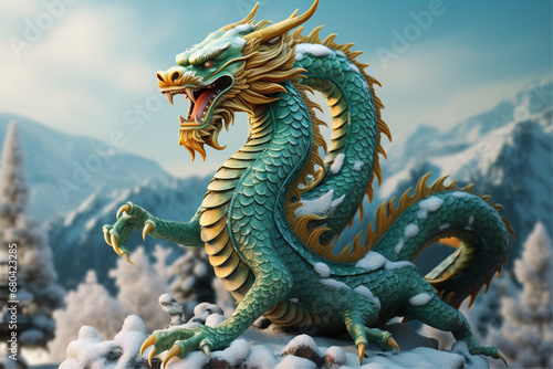 chinese mythical dragon standing in the snow on winter background with snowy scenery, 2024 New Year dragon symbol Chinese New Year © Sabina Gahramanova