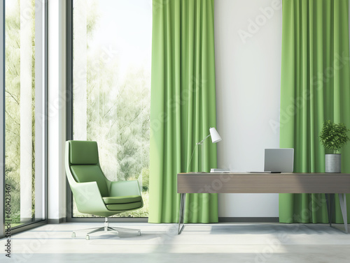 Bright office with green curtains and nature view, Generative AI