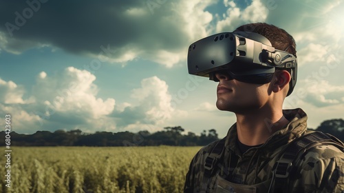 A soldier in camouflage gear uses advanced virtual reality (VR) glasses to remotely control a military drone for a distant, strategic mission, showcasing modern warfare technology. © TensorSpark