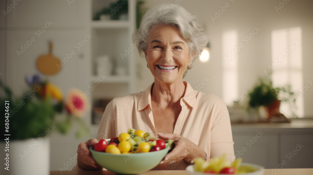 Portrait of beautiful senior woman with plate of fruits at kitchen Portrait of beautiful senior woman with plate of fruits at kitchen