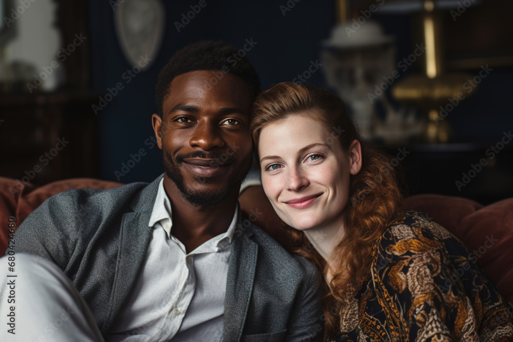 Multiracial happy couple, relationship. Cute African American man and Caucasian woman in love cuddling together on the sofa indoors looking at camera
