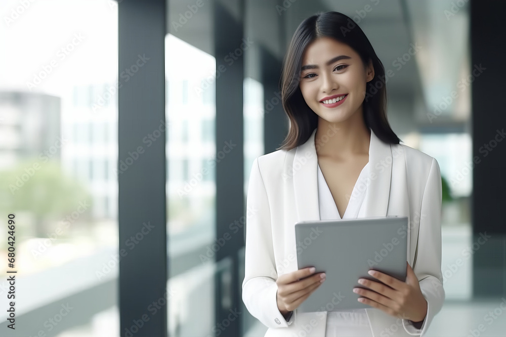 An asian businesswoman in white suit with digital tablet in hands, on a background of office space in blur. Selective focus, shallow depth of field An asian businesswoman in white suit with digital tablet in hands, on a background of office space in blur. Selective focus, shallow depth of field