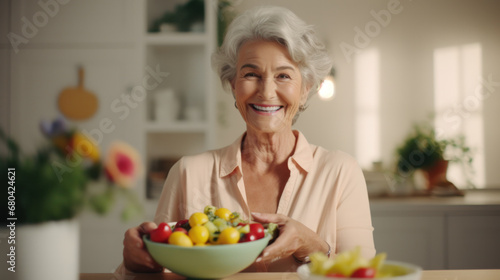 Portrait of beautiful senior woman with plate of fruits at kitchen