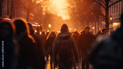 Rear view on a man with backpack in crowd of people are walking on the city street, against a sunset. Selective focus, shallow depth of field