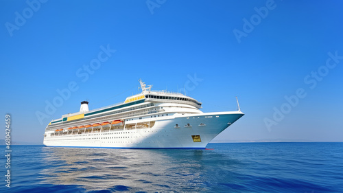 A majestic cruise liner sailing through blue waters with a cloudless sky