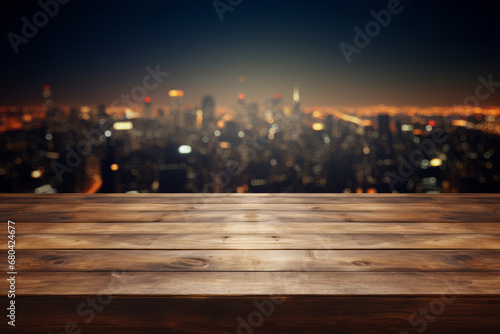 Wooden table against a night city view in blur. Mockup, product montage, copy space
