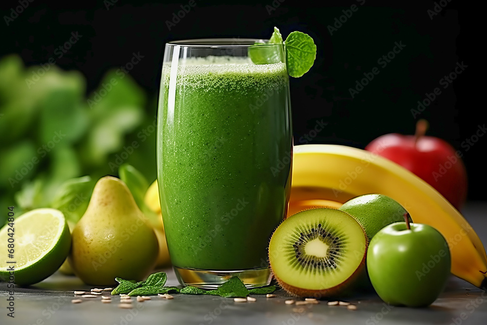 Green smoothie in glass cup with leaves on top, with kiwi fruit, pears, apples, limes, bananas. Selective focus, shallow depth of field Green smoothie in glass cup with leaves on top, with kiwi fruit, pears, apples, limes, bananas. Selective focus, shallow depth of field