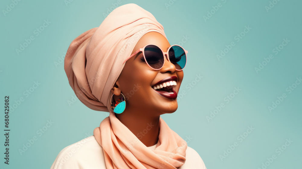Photo of positive happy young dark skin woman smile face wear turban isolated on abstract light background Photo of positive happy young dark skin woman smile face wear turban isolated on abstract light background