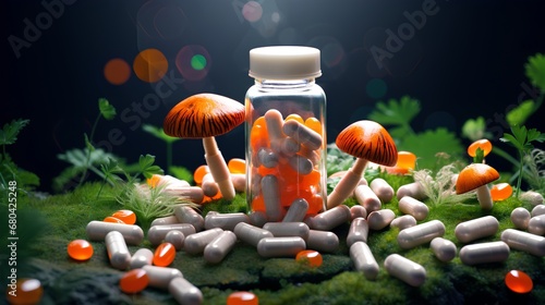 An array of various prescription pills, capsules, and tablets infused with medicinal mushroom extracts, showcasing a blend of modern pharmaceuticals and natural therapy ingredients for medical use. photo
