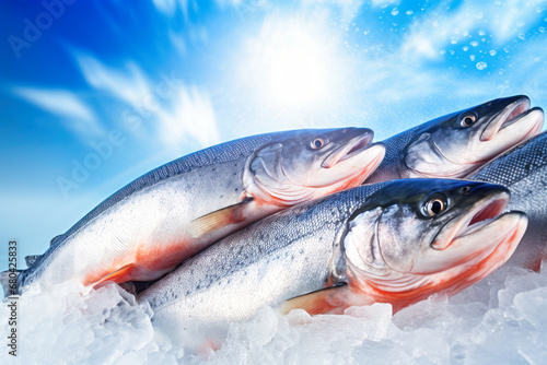 Fresh salmon or trout fish on ice, ready for cooking. Chilled fresh fish.