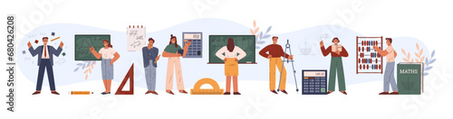 Mathematicians, set of cartoon vector illustrations with people