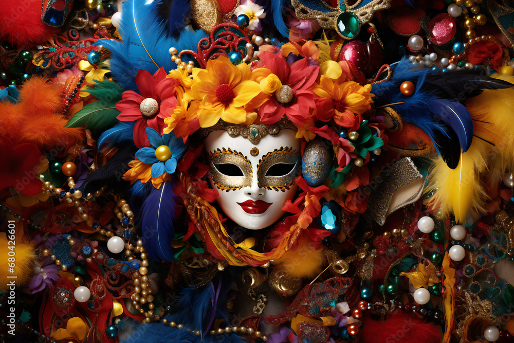 Photo of two women wearing a colourful venetian masks adorned with jewels and flowers created with Generative AI technology
