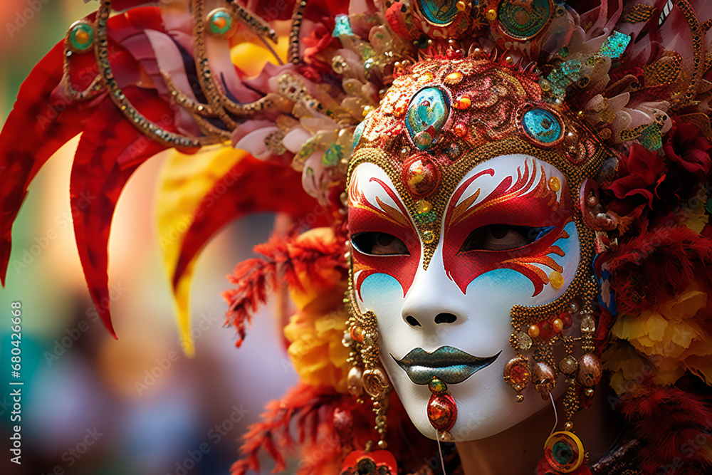 Close-up photo of a person wearing a colourful venetian mask in Venice Italy Created with Generative AI technology Extravagant masquerade ball at venice carnival featuring ornate masks and exquisite 
