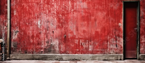 The old red building with its vintage interior and retro patterns on the concrete walls create a unique and abstract texture, adding a touch of grunge to the overall architectural background.