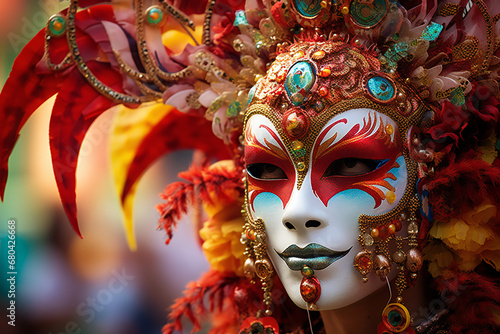 Close-up photo of a person wearing a colourful venetian mask in Venice Italy Created with Generative AI technology Extravagant masquerade ball at venice carnival featuring ornate masks and exquisite   © Manzar