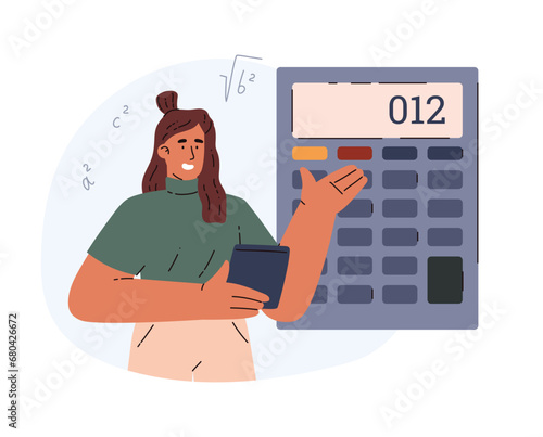 Female professional with calculator for math operations, mathematician use the device to calculate mathematical formulas