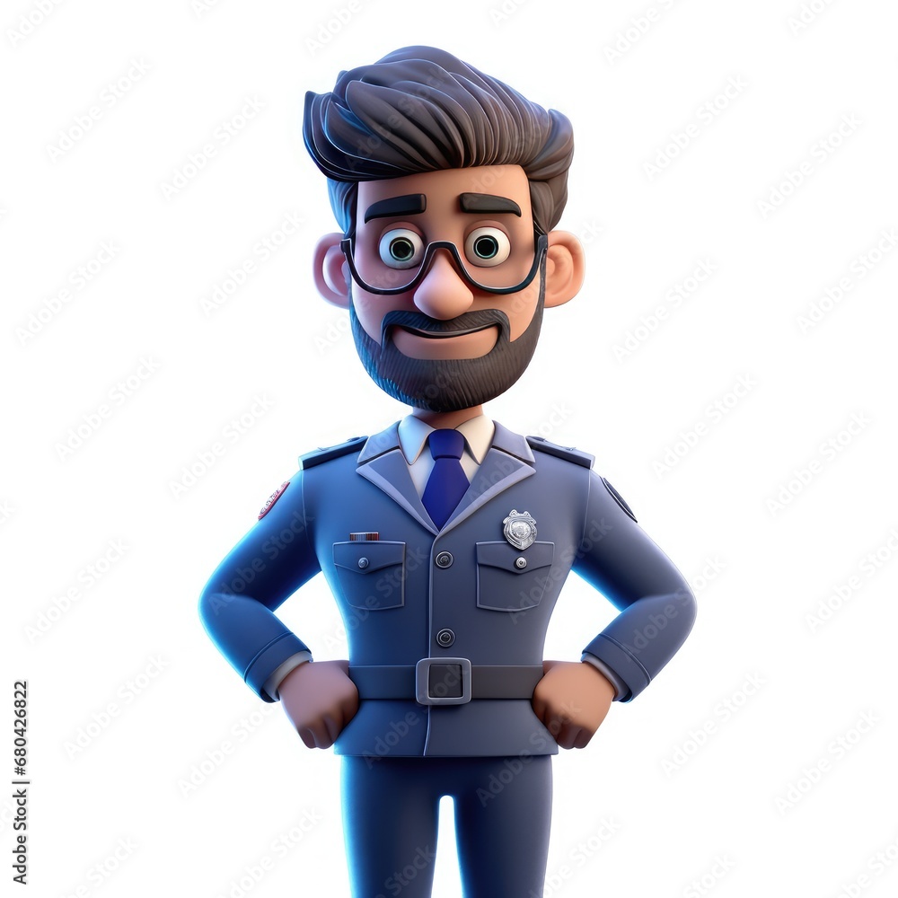 Police man with blue uniform with glasses white isolated background Police man with blue uniform with glasses white isolated background