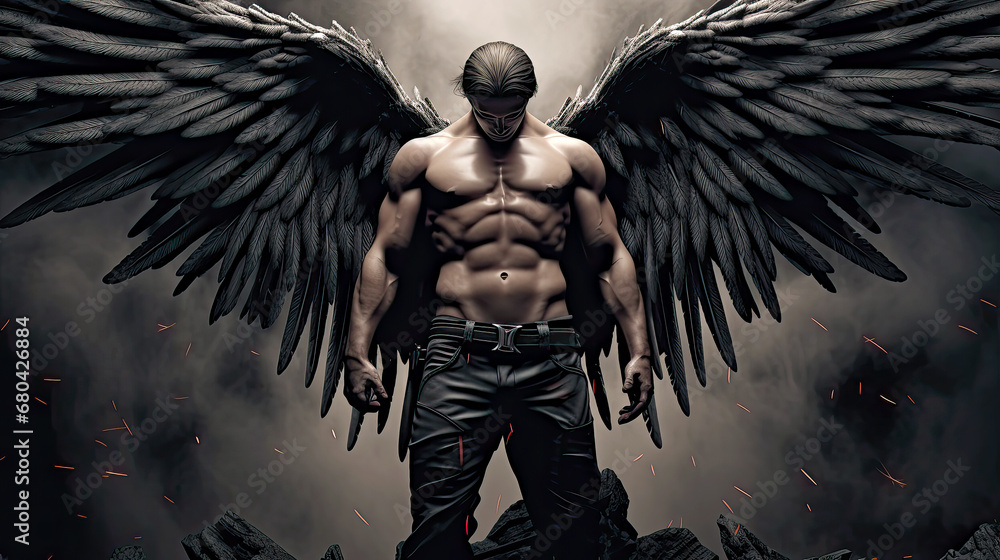 Fallen dark angel with black wings and head down. Postproducted generative AI illustration.	 - obrazy, fototapety, plakaty 