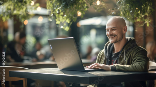 Emotional portrait of a confident and positive business mature European man with a bald head , looking with a smile at the laptop