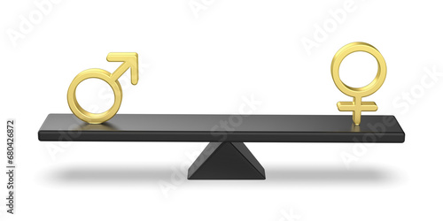Female and male gender signs on seesaw, concept image for balance between genders photo