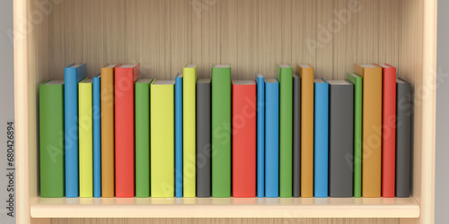 Row with colorful books in the bookcase, front view