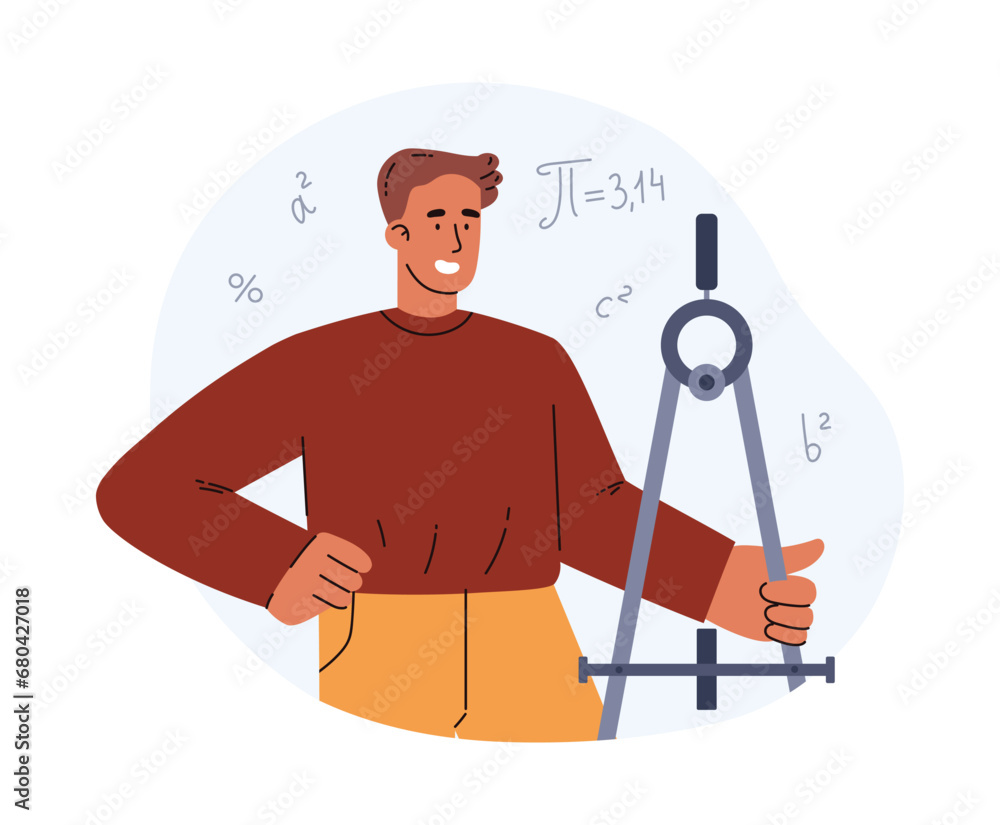 Smiling young boy standing with huge compass for drawing flat style Smiling young boy standing with huge compass for drawing flat style
