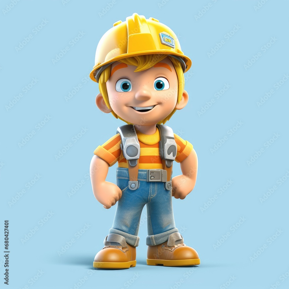 Cartoon character of builder with helmet and overalls standing on blue background Cartoon character of builder with helmet and overalls standing on blue background