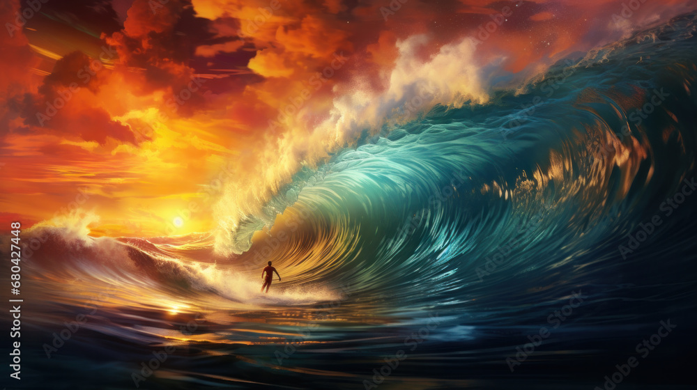 Ocean Sunset Wave, surfer on clear water in Tropical sea colorful background