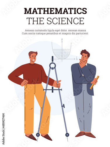 Two students or scientists with huge compass mathematician and geometric tool, Mathematics the science vector poster