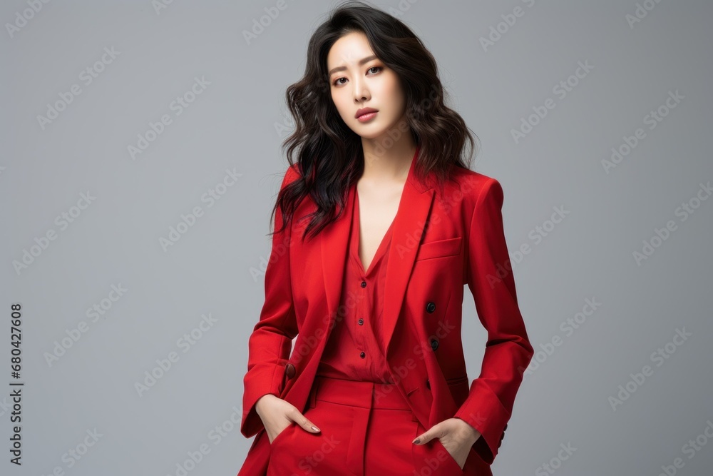 Beautiful Stylish Korean Model Posing in an Elegant Red Suit. Generative AI. Beautiful Stylish Korean Model Posing in an Elegant Red Suit. Generative AI.