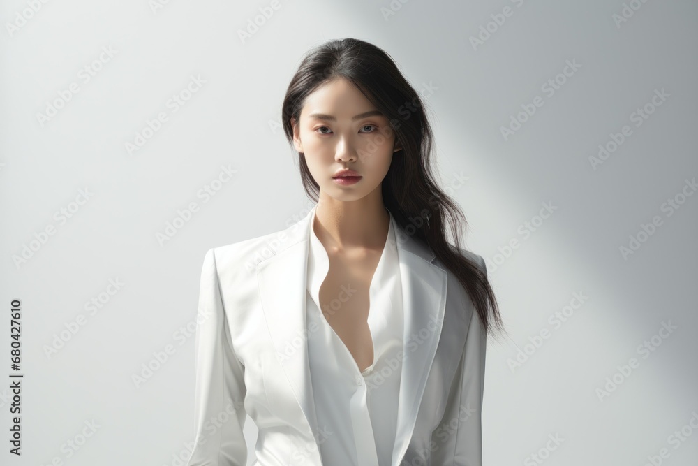 Beautiful Stylish Korean Model Posing in an Elegant Suit. Generative AI. Beautiful Stylish Korean Model Posing in an Elegant Suit. Generative AI.