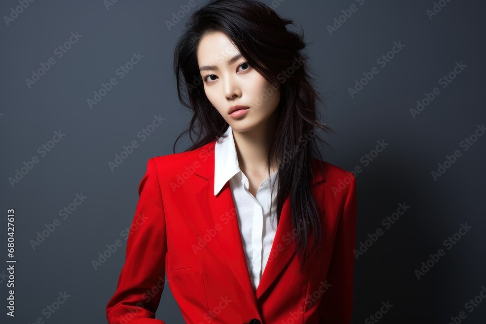Beautiful Stylish Korean Model Posing in an Elegant Red Suit. Generative AI. Beautiful Stylish Korean Model Posing in an Elegant Red Suit. Generative AI.