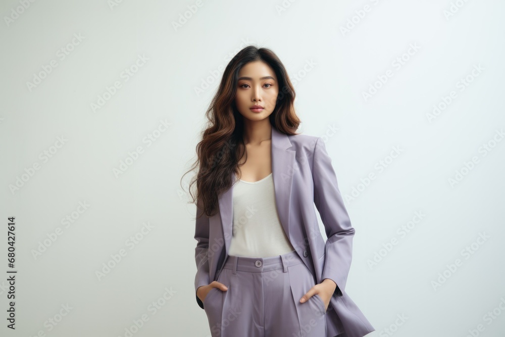 Beautiful Stylish Korean Model Posing in an Elegant Suit. Generative AI. Beautiful Stylish Korean Model Posing in an Elegant Suit. Generative AI.