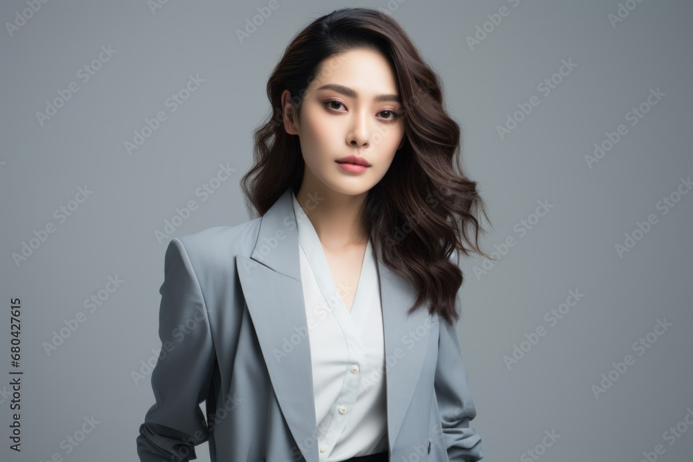 Beautiful Stylish Korean Model Posing in an Elegant Suit. Generative AI. Beautiful Stylish Korean Model Posing in an Elegant Suit. Generative AI.