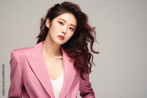 Beautiful Stylish Korean Model Posing in an Elegant Pink Suit. Generative AI.