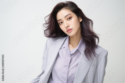 Beautiful Stylish Korean Model Posing in an Elegant Suit. Generative AI.