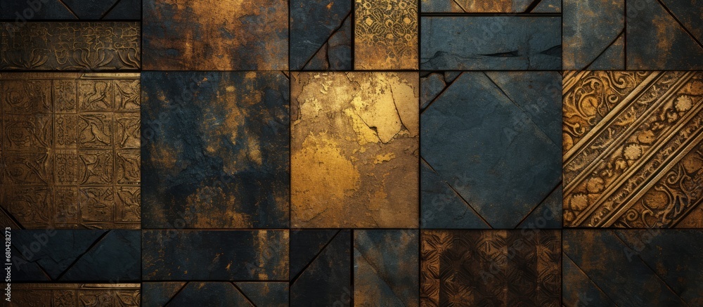 The vintage wallpaper features an abstract pattern with grunge and gold texture, creating a luxurious and modern design. The background is made of old metal plates, which are adorned with intricate - obrazy, fototapety, plakaty 